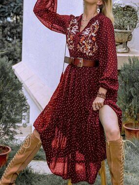 Burgundy Boho Beauty Women's   Polka Dot Dress